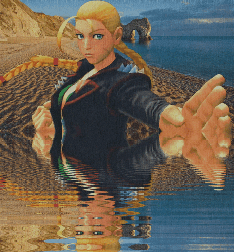 a woman in a black jacket is standing in a body of water