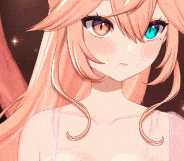 a close up of a girl 's face with orange eyes