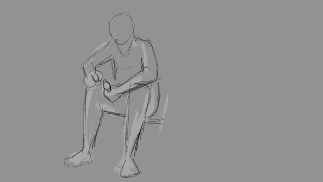 a drawing of a man sitting on a bench with his legs crossed and looking at his watch .