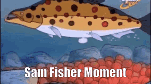 a cartoon of a fish with the words sam fisher moment above it