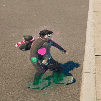 a cartoon character is riding a skateboard with a pink heart on the back