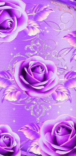 a bunch of purple roses on a purple background with a butterfly