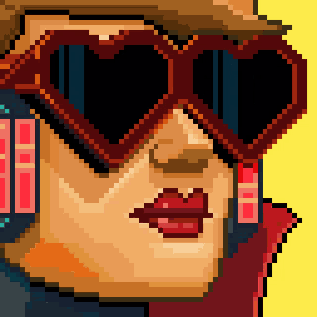 a pixel art of a woman wearing heart shaped glasses