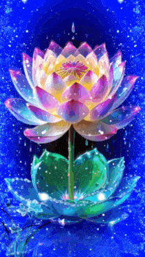 a painting of a lotus flower on a blue background .