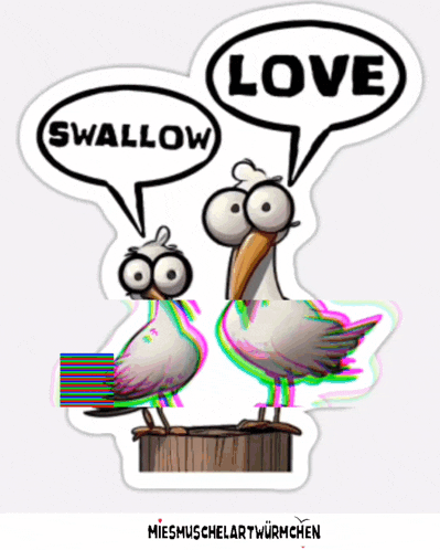 a sticker with two birds talking about love and swallow