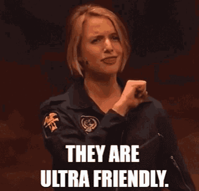 a woman in a police uniform is giving a speech and says `` they are ultra friendly . ''