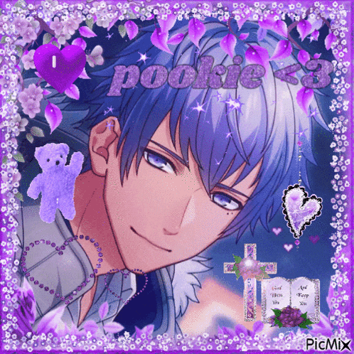 a picture of a blue haired anime character with the name pookie on it