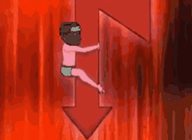 a cartoon character is holding on to a red arrow pointing down .