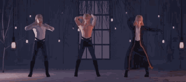 a man without a shirt is dancing in a video game .