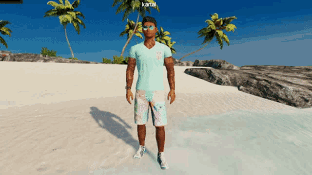 a man in a blue shirt and shorts stands on a beach with the name kartal visible