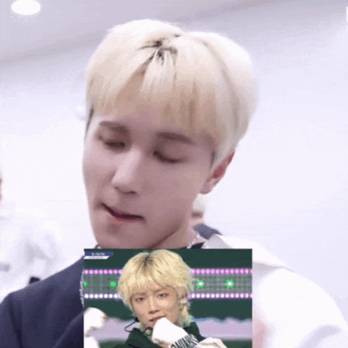 a close up of a person 's face next to a picture of a person with blonde hair