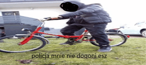 a person riding a red bicycle with the words policia mnie nie dogoni esz written below them
