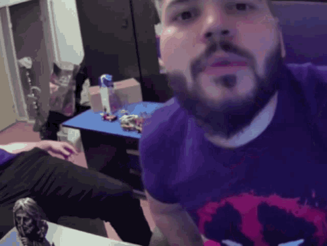 a man with a beard wearing a purple shirt with a skull on it looks at the camera