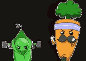 a green peas and a carrot with mustaches are cartoon characters