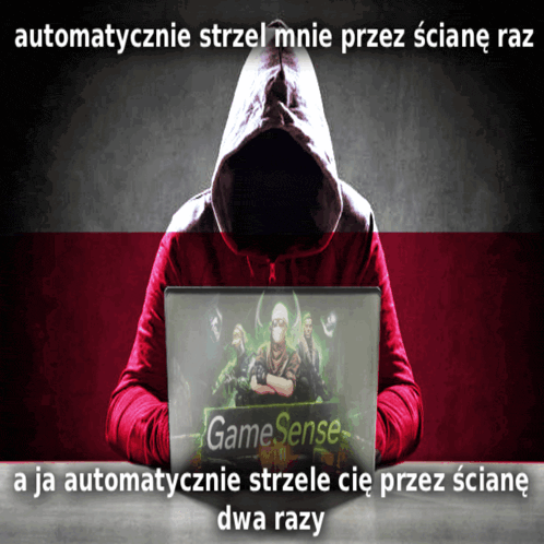 a man in a red hoodie is looking at a laptop screen that says game sense