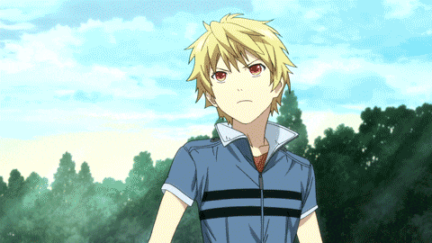 a boy with yellow hair and red eyes is wearing a striped shirt