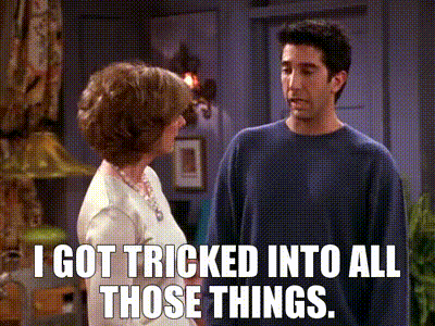 a man and a woman are standing next to each other with a caption that says i got tricked into all those things