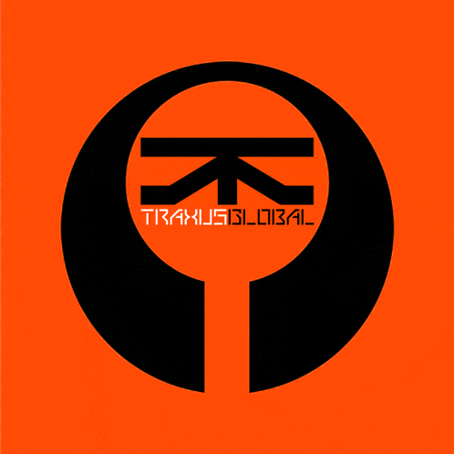 an orange background with a black circle and the words traxus global on it