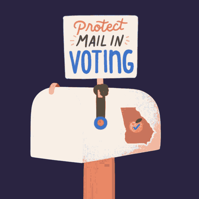 an illustration of a mailbox holding a sign that says protect mail in voting