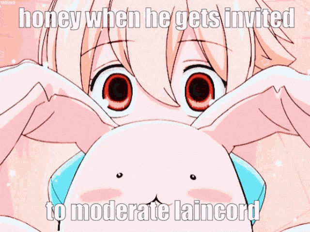 a picture of a girl with a caption that says " honey when he gets invited to moderate laincord "
