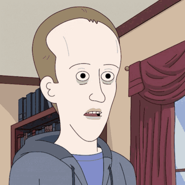 a cartoon drawing of a man with a bald head and big eyes