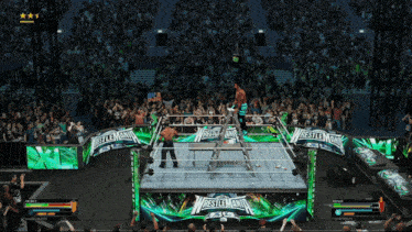 a video game screen shows a wrestlemania event