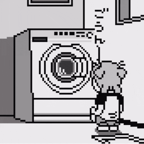 a pixel art of a person standing next to a washer