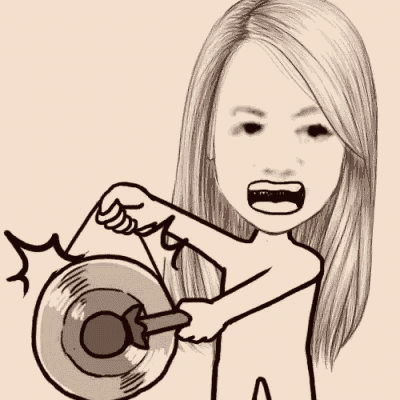 a black and white drawing of a woman holding a plate and shouting .