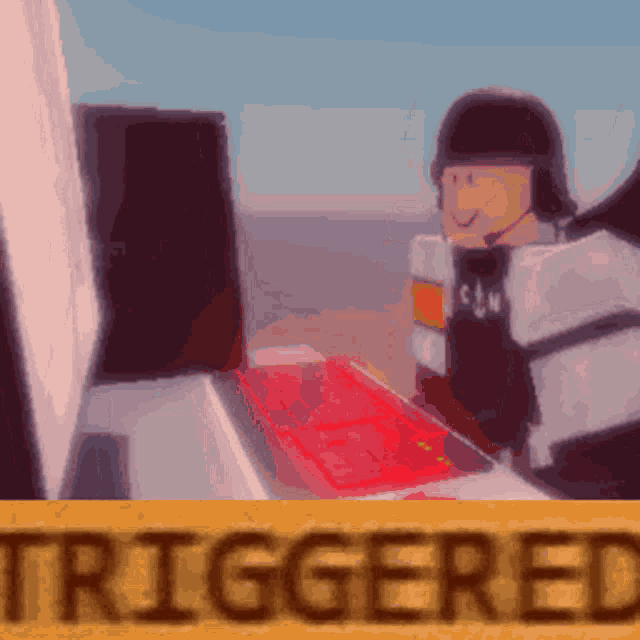 a video game character is sitting at a desk with a sign that says triggered in front of him