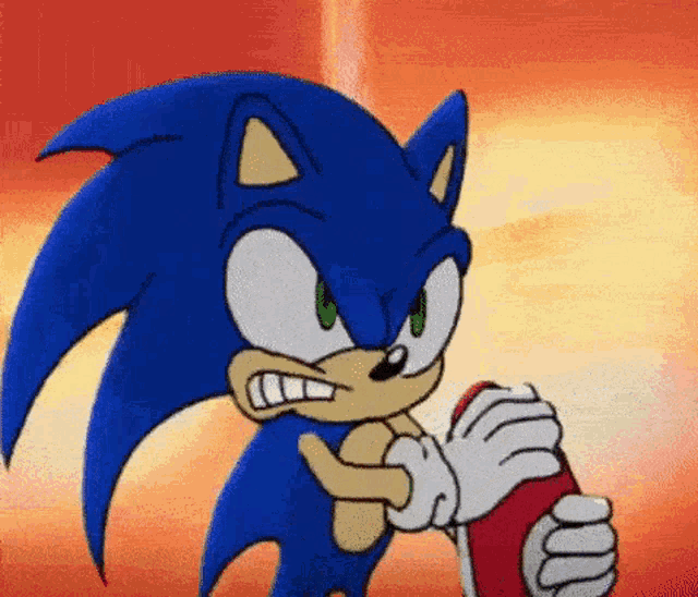 sonic the hedgehog is holding a can of soda in his hand and looking angry .
