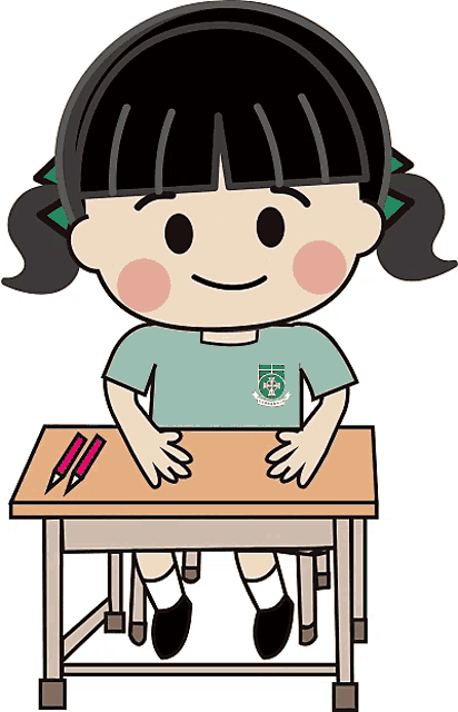 a cartoon of a girl sitting at a desk with a shirt that says catholic school