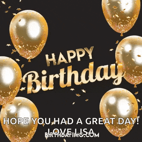 a happy birthday card with gold balloons and confetti on a black background .