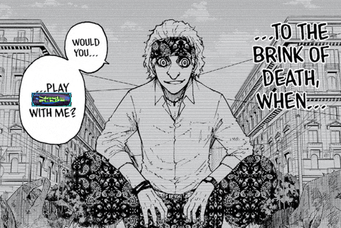a black and white drawing of a man with a bandana on his head and the words " to the brink of death when "