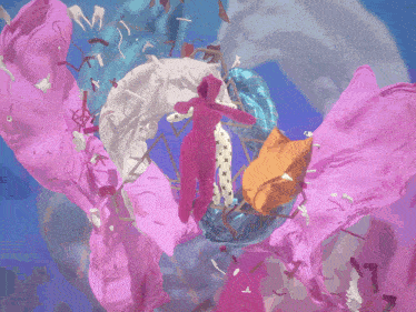 a painting of a pink and white figure surrounded by pink cloth