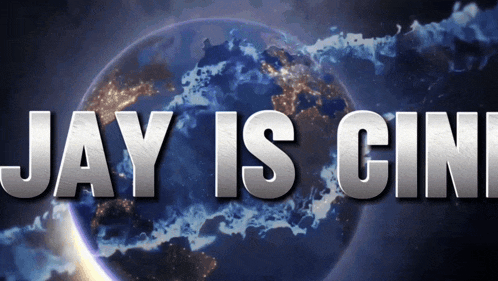 a sign that says jay is cini with a planet in the background