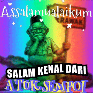 a cartoon of an old man holding a sign that says ' assalamualaikum salam kenal dari atok sempoi '