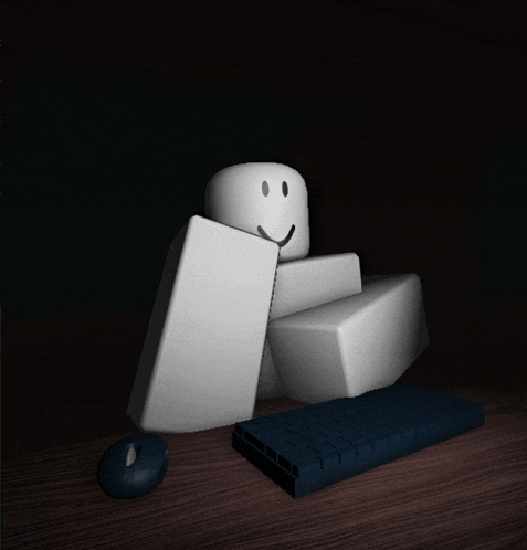 a roblox character sits next to a blue keyboard