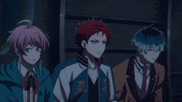 three anime characters are standing next to each other and one of them has red hair