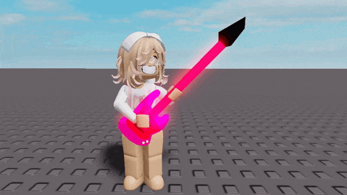 a girl in a white shirt is holding a pink electric guitar