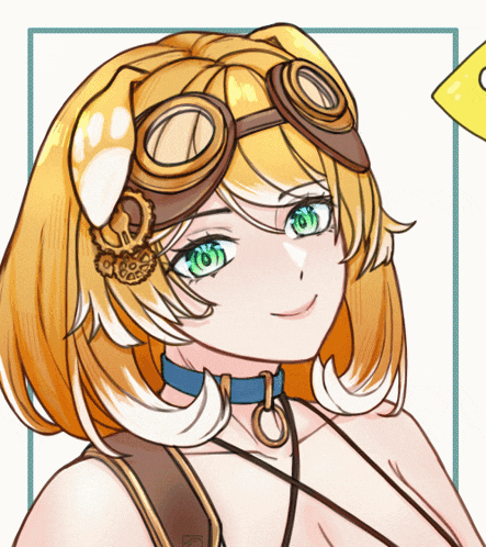 a drawing of a girl with a collar and goggles on her head