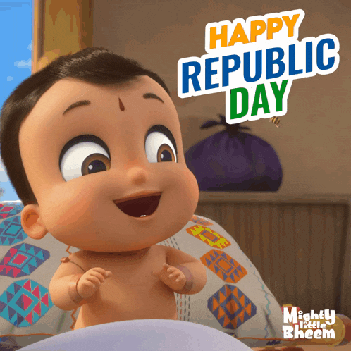 a cartoon baby is sitting on a bed with the words happy republic day above him