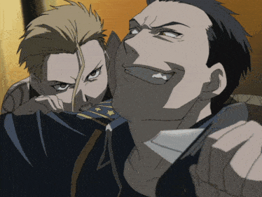 a man with a knife is biting another man