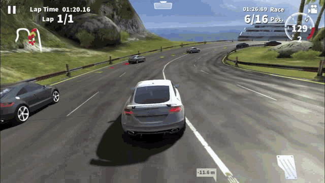 a car is driving down a road and the lap time is 1:20:16