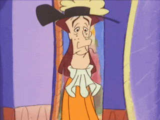 a cartoon character wearing a hat and a collar is standing in front of a mirror