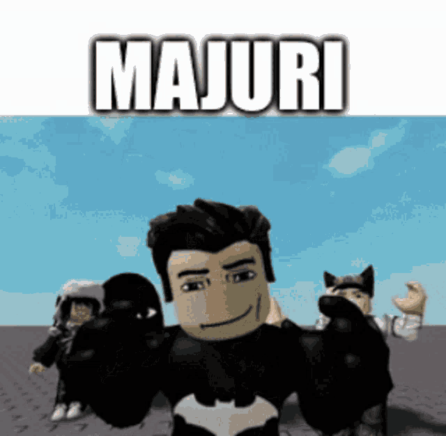 a man in a batman costume is standing in front of a blue sky with the name majuri above him