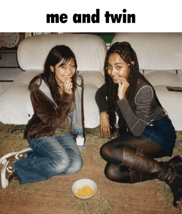 two girls sitting next to each other with a bowl of food and the words me and twin above them