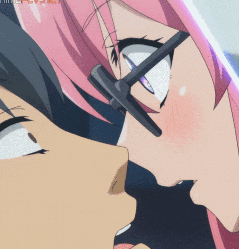 a girl with pink hair and glasses is kissing a man