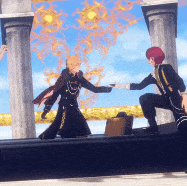 a couple of anime characters holding hands in front of columns