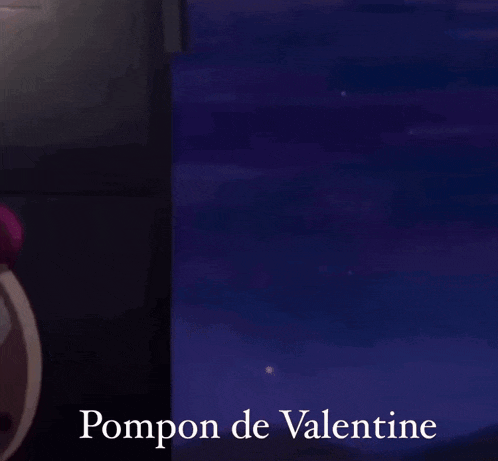 a cartoon bear with purple eyes and the words pompon de valentine above it