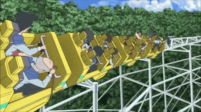 a group of people are riding a roller coaster in an amusement park
